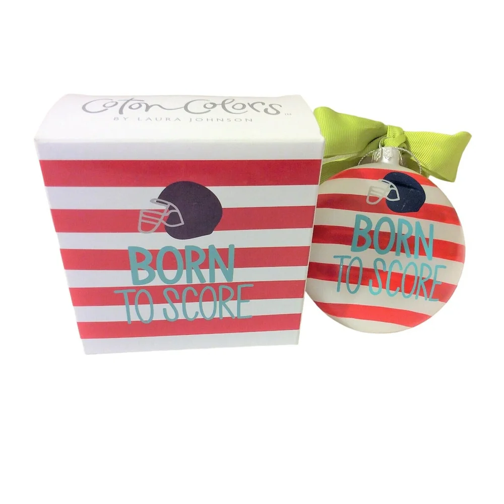 NIB Coton Colors Football Born To Score Striped Glass Ornament